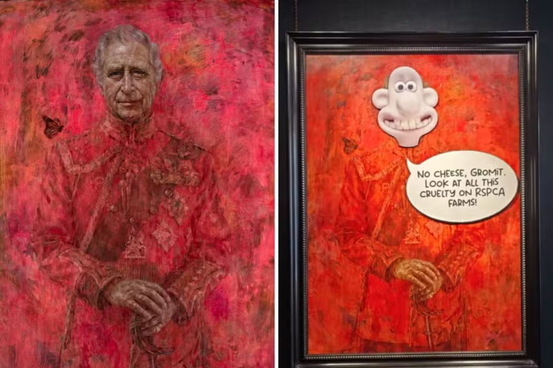 Retrato do Rei Charles III é vandalizado por artistas veganos em Londres - 