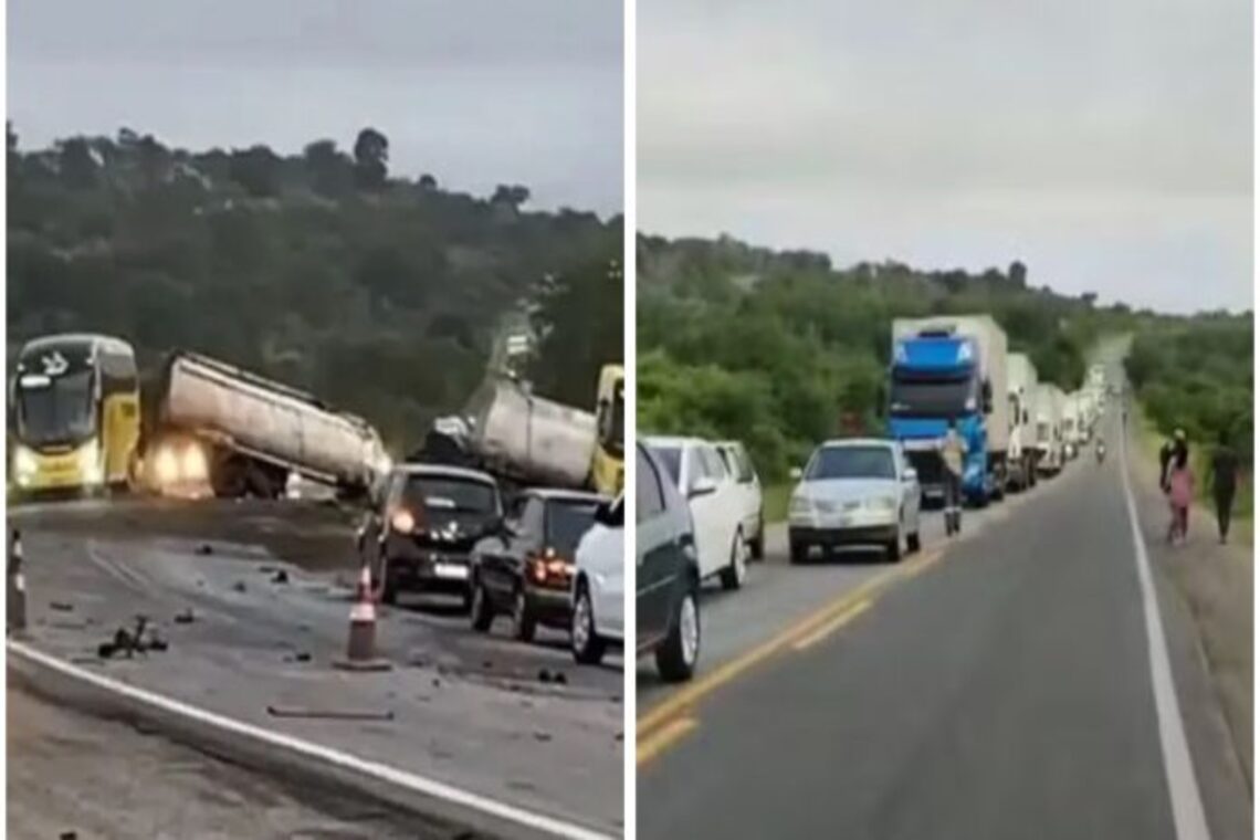 Colisão entre caminhão tanque e carro interdita parte da BR-324 - 