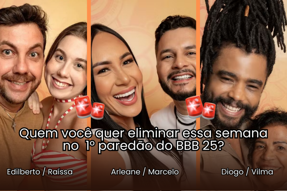 Enquete BBB 25: Edilberto e Raissa, Arleane e Marcelo e Diogo e Vilma enfrentam 1° paredão  - 