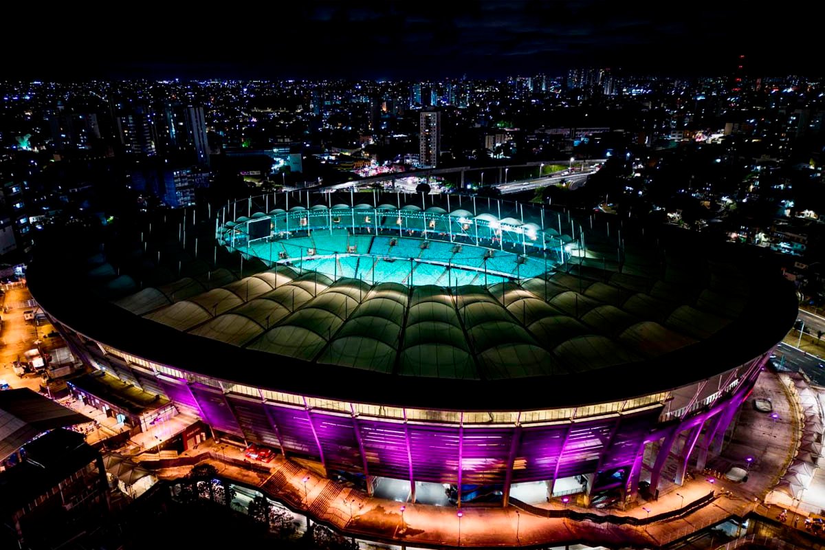 Arena Fonte Nova adere ao Junho Lilás e recebe iluminação especial para promover teste do pezinho - 