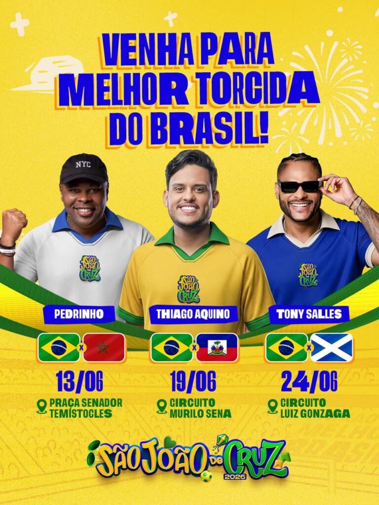 São João de Cruz terá telões para jogos do Brasil na Copa e programação com shows de Thiago Aquino e Tony Salles